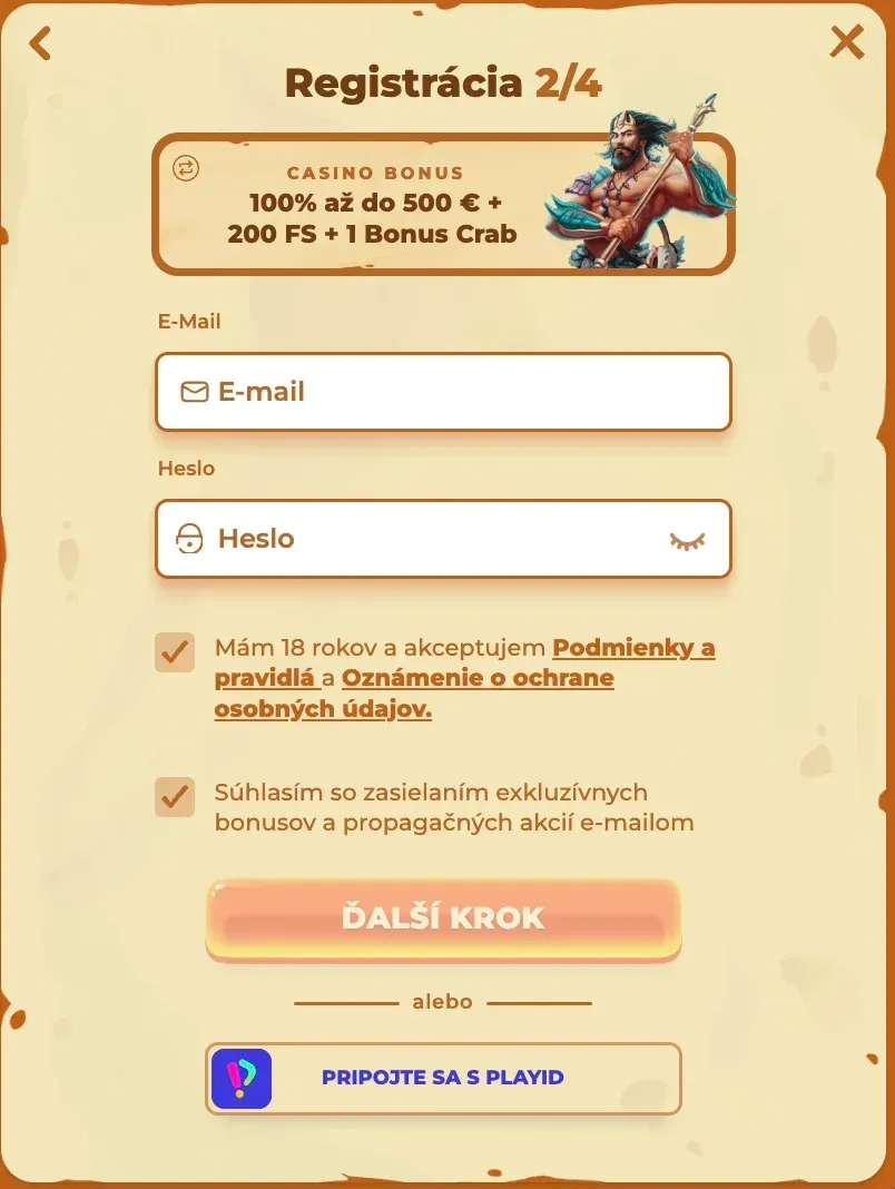 Registračný formulár v Posido casino